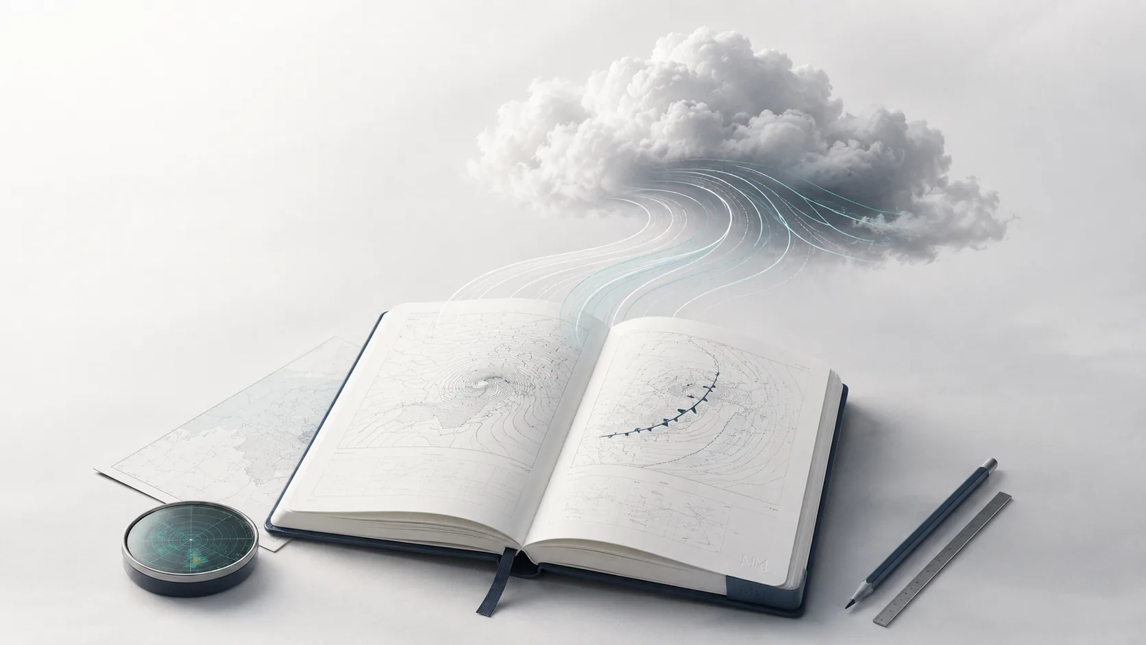 An open weather atlas, its charts lifting into cloud.